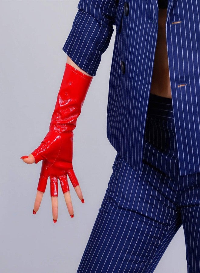 DooWay Half Finger Long Leather Glove for Women Motorcyle Punk Faux Patent PU above Wirst 11 inches Hot Red - Image 4